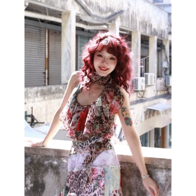 畔喜鱼一 复古少女辣妹豹纹双层花边拼接修身挂脖背心