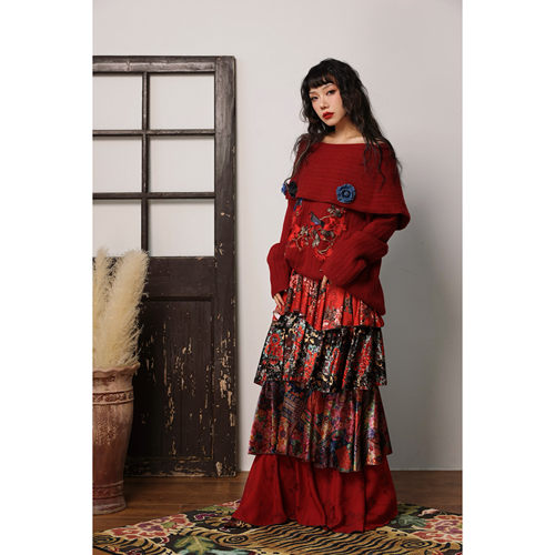 复古新中式丝绒印花长裙