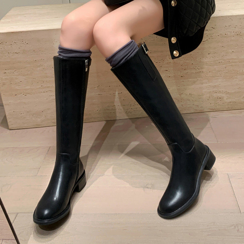 2025秋冬新款粗跟显瘦高筒骑士靴直筒不过膝长靴女真皮长筒靴皮靴