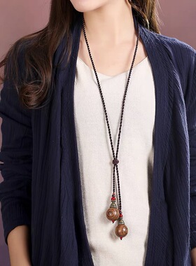 民族风木珠吊坠项链简约毛衣链女长款百搭装饰品挂件秋冬配饰