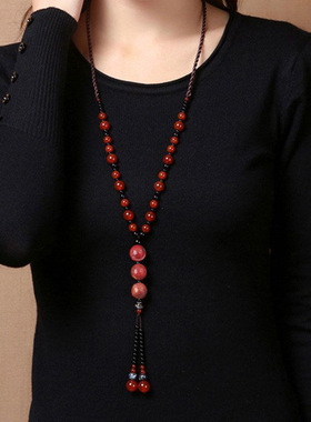新中式红色长款斜项链女琉璃吊坠毛衣链国风古风旗袍颈链配饰