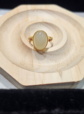 通体S925纯银镀金和田玉白玉戒指