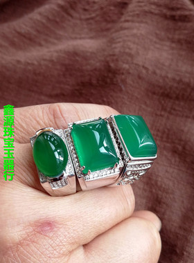 男士玉髓祖母绿宝石银情侣戒指