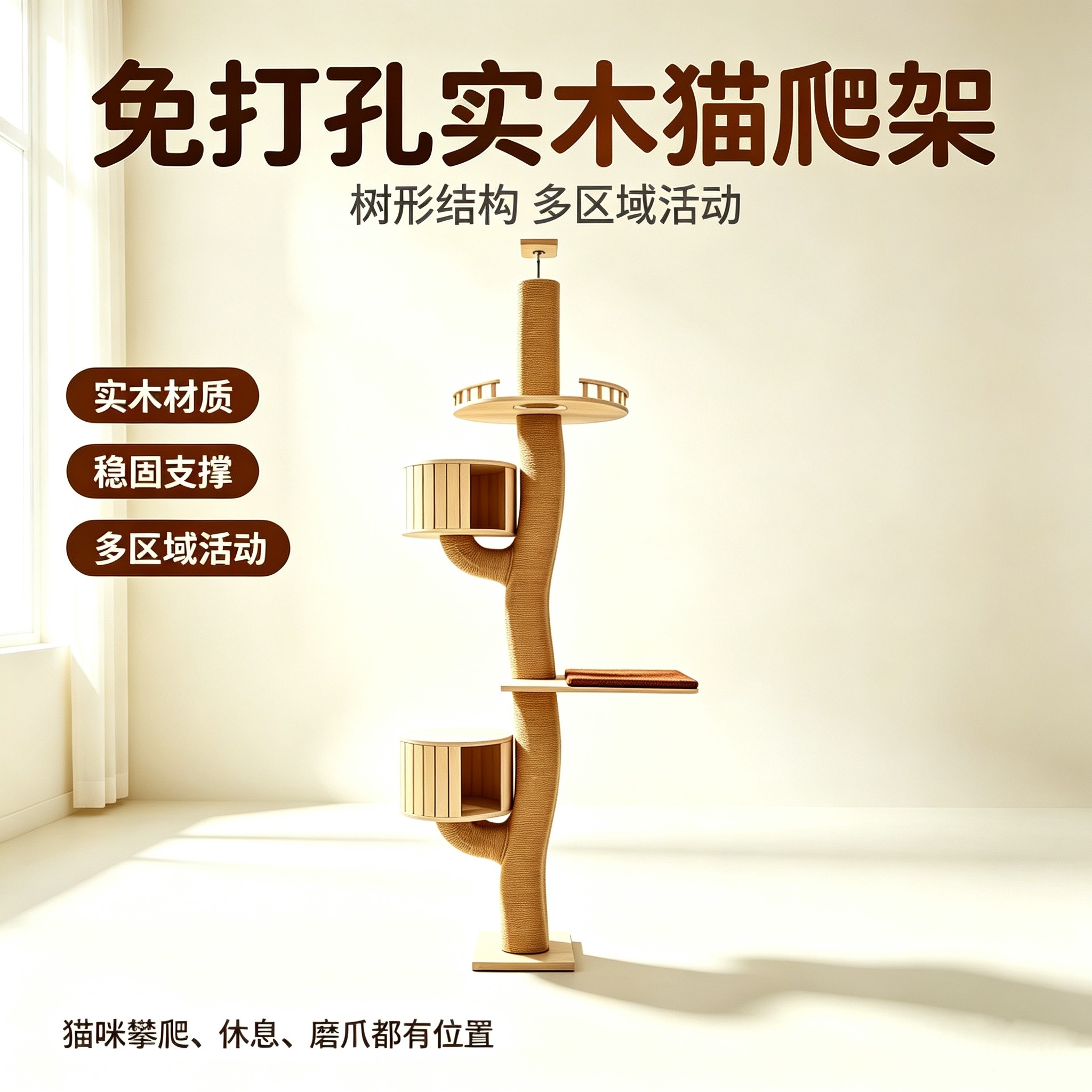 免打孔实木通天柱猫爬架太空舱图片