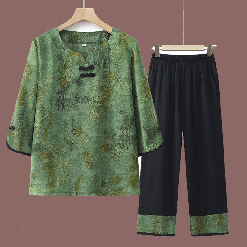 中年妈妈装夏季套装老太太高档衣服老年人夏装女奶奶圆领t恤小衫