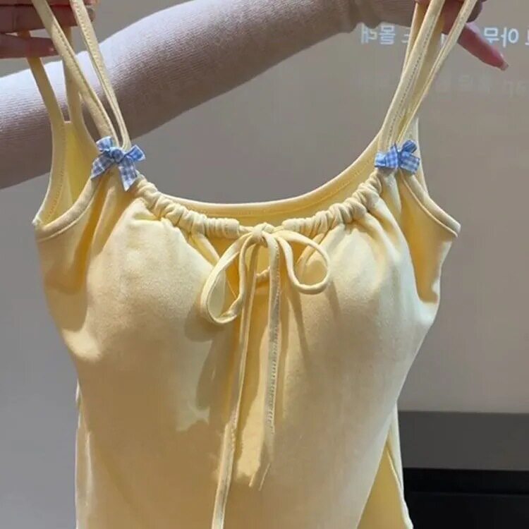 多巴胺穿搭黄色吊带带胸垫背心女夏外穿甜辣美背文胸一体短款上衣