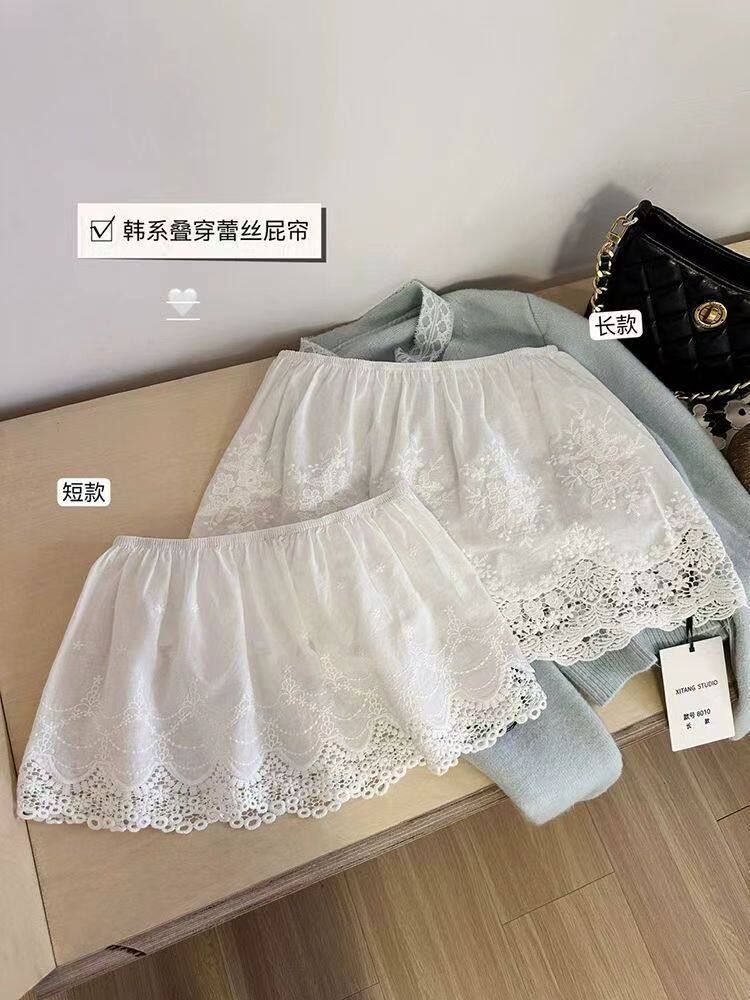 "叠穿屁帘"纯棉防走光中短款打底裙蕾丝小屁帘松紧腰头