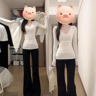 白色v领纯棉长袖t恤女秋冬基础款内搭修身加长打底衫春季百搭上衣