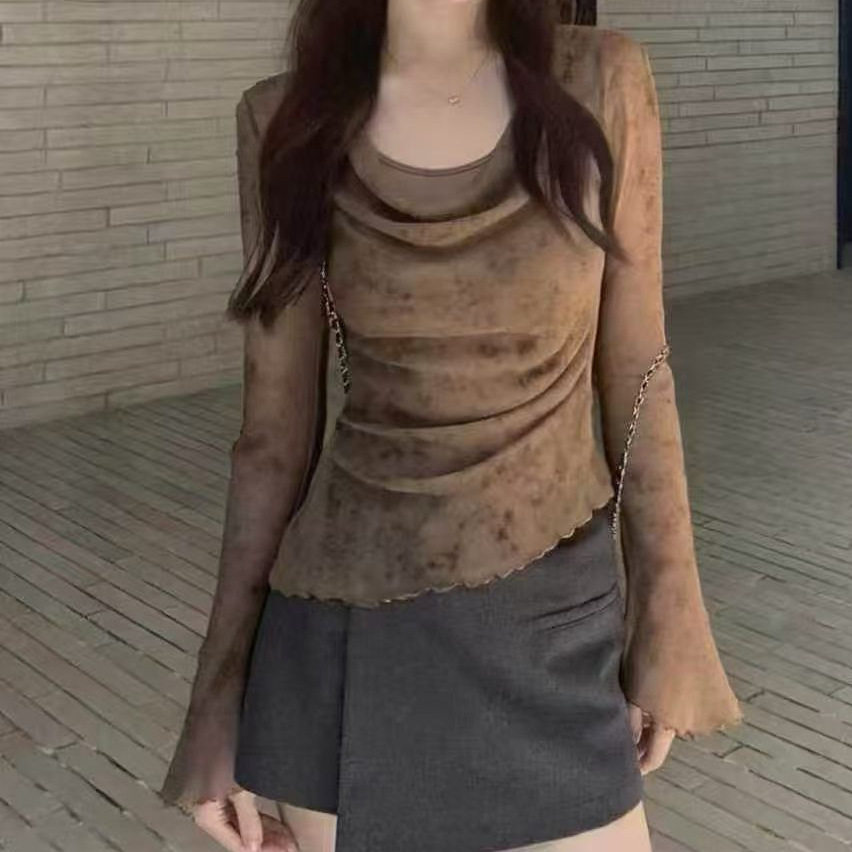 大码胖MM美拉德碎花荡领不规则掐腰t恤女秋季新款显瘦喇叭袖上衣