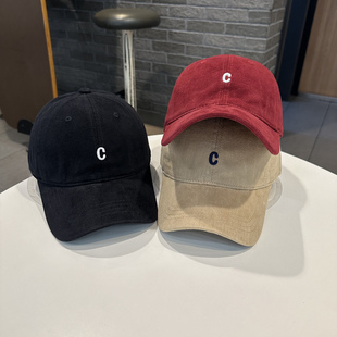 秋冬磨毛棒球帽女百搭韩版 小C字母青年街头弯檐帽学生情侣显脸小
