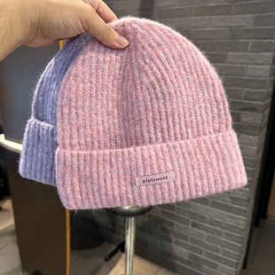 针织帽女ins韩版 街头护耳冷帽 潮搭字母小皮标保暖套头帽秋冬薄款
