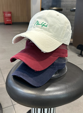 棒球帽女春夏季韩版潮搭字母破洞弯檐帽NewYork字母青年情侣街头