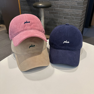 简约字母plus春秋天磨毛棒球帽女百搭韩版 街头青年情侣休闲弯檐帽