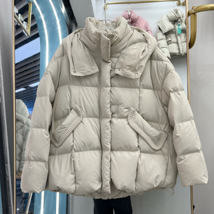 2025冬季新款连帽立领羽绒服女中长款白鸭绒面包服小个子加厚外套