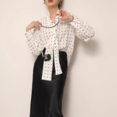 法式 绑带蝴蝶结桑蚕丝上衣 2025春时尚 复古波点飘带真丝衬衫 女长袖