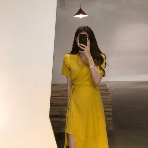 不规则棉麻一片式v领连衣裙2018新款女夏中长