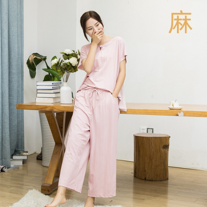 夏季麻棉透气宽松睡衣女士家居服