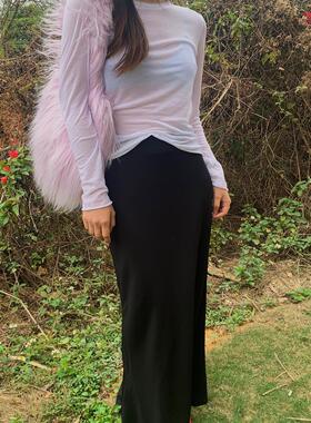 LILUSHOP 进口面料天丝羊毛纯色打底衫女薄款轻透长袖圆领T恤上衣