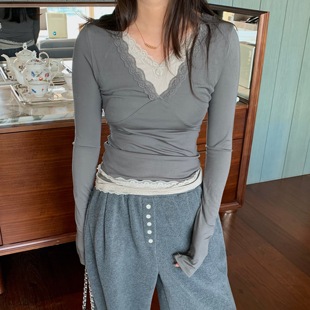 莱赛尔气质女人味假两件蕾丝花边T恤打底衫 LILUSHOP 12.25
