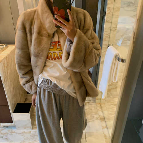 高品质短毛中长款水貂毛皮草外套