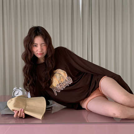 LILUSHOP 百搭舒适宽松上衣天丝羊毛薄款南瓜印花圆领长袖T恤女夏