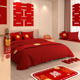 红色喜庆床旗结婚婚房床尾搭巾新婚床上用品喜字桌旗茶几茶台桌布