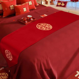 红色喜庆床旗结婚婚房床尾搭巾新婚床上用品喜字桌旗茶几茶台桌布