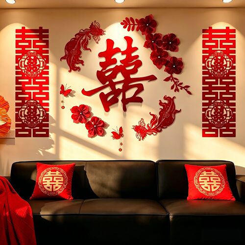 结婚沙发装饰男女方卧室婚房布置套装简单大气婚礼全套喜字背景墙
