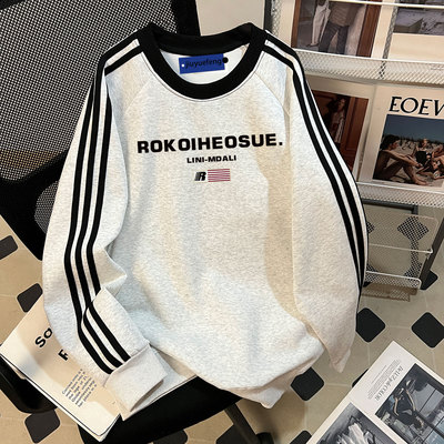 新款字母印花小众宽松加绒圆领三条杠卫衣男学生冬季设计感外套潮