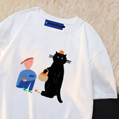 美式 休闲上衣ins 印花宽松透气情侣半袖 100%纯棉短袖 t恤男生夏季