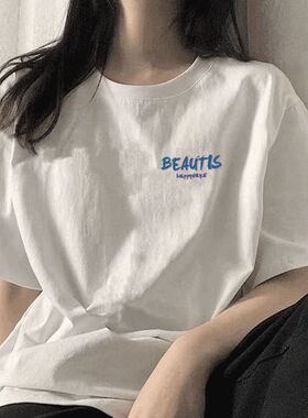 100%纯棉短袖t恤男女学生简约美系复古宽松ins情侣装夏季上衣体恤