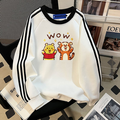 美式重磅复古印花三条杠圆领卫衣