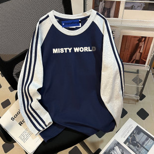 体恤秋衣打底衫 100%棉长袖 t恤男圆领宽松潮流ins印花内搭上衣男士