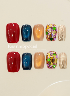 「港风画报」浓郁复古多巴胺亮片穿戴甲短款百搭气质显白纯手工甲