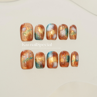 「琥珀森林」纯手工晕染水彩落日美甲2025年新款 高级感穿戴甲短甲