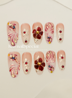 「绮丽花火」纯手工立体锦鲤花朵重工高级感2025年秋冬美甲穿戴甲