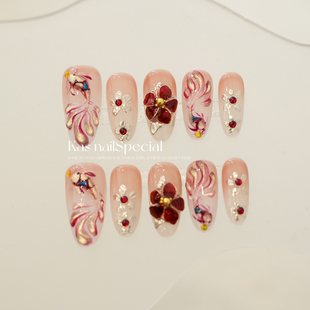 「绮丽花火」纯手工立体锦鲤花朵重工高级感2025年秋冬美甲穿戴甲