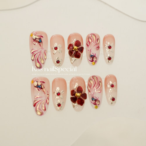 「绮丽花火」纯手工立体锦鲤花朵重工高级感2025年秋冬美甲穿戴甲