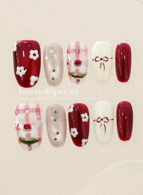 「繁花奇遇」元气少女红色彩绘穿戴甲新年战甲显白气质纯手工美甲