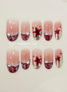 「摇滚甜心」美式复古穿戴甲辣妹Y2K星星红色法式过年纯手工美甲