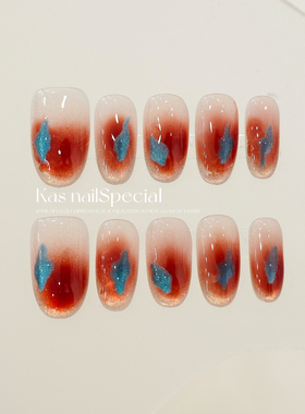 「锦鲤入梦」纯手工手绘晕染2025年新款红色温柔显白美甲穿戴甲