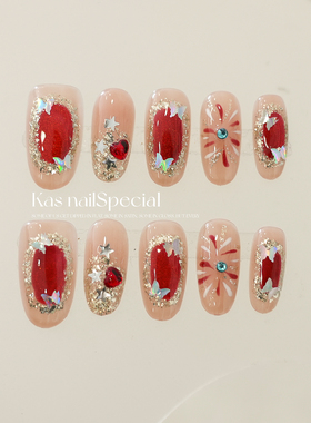 「心语玫瑰」纯手工红色婚甲过年喜庆高级感秋冬短甲气质穿戴甲