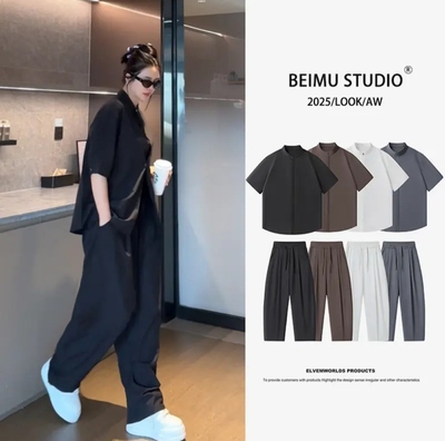 夏季薄款冰丝短袖衬衫休闲裤套装