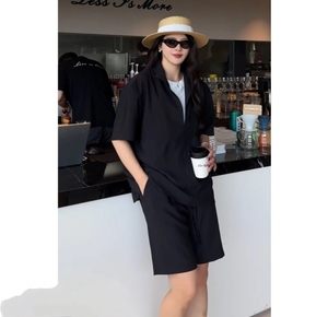 夏季新款男士时尚百搭假两件短袖衬衫短裤简约休闲运动套装K773