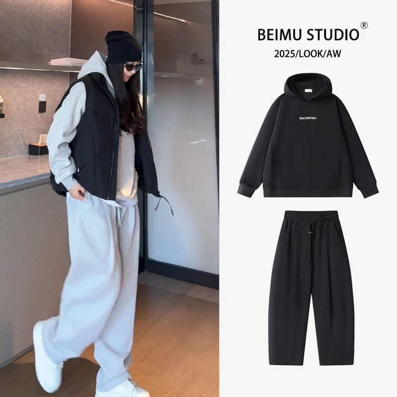 秋冬新款连帽百搭长袖字母卫衣松紧腰休闲裤情侣套装两件套Y7306