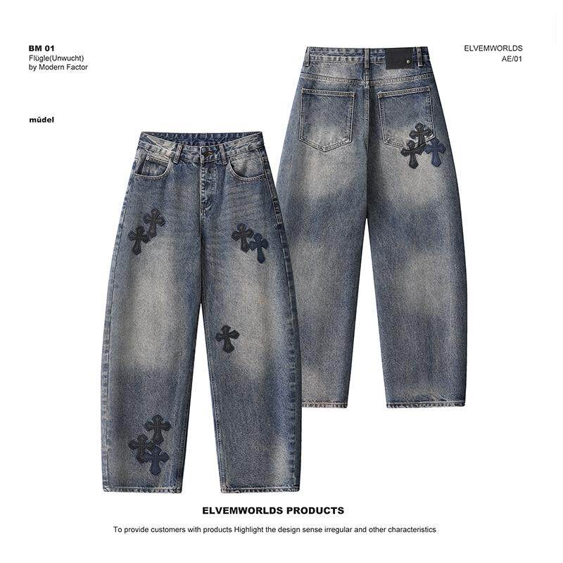 春季男款拼片贴皮刺绣十字花牛仔裤加厚休闲微弯刀直筒裤26504