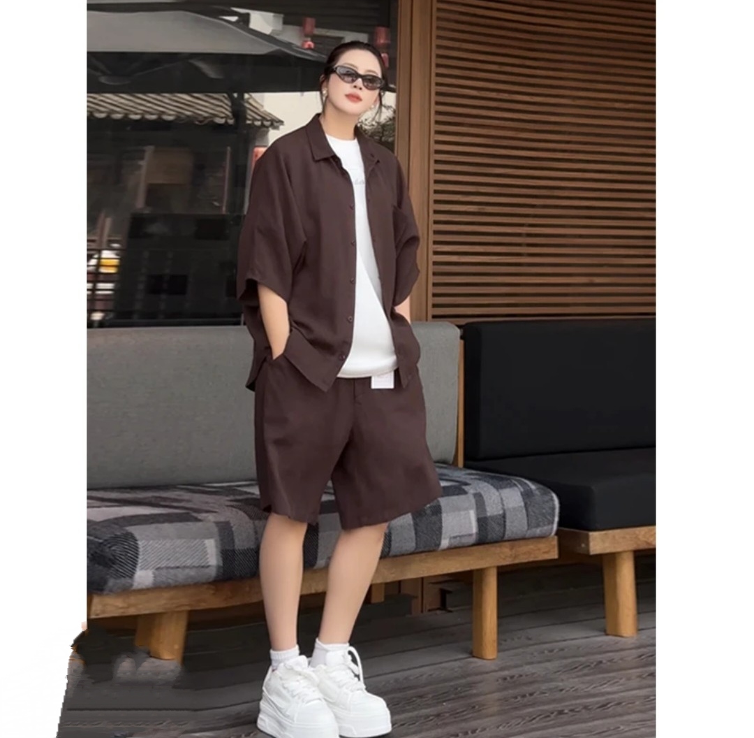 复古百搭老钱风慵懒棉麻潮流休闲百搭宽松短袖纯色衬衫短裤两件套