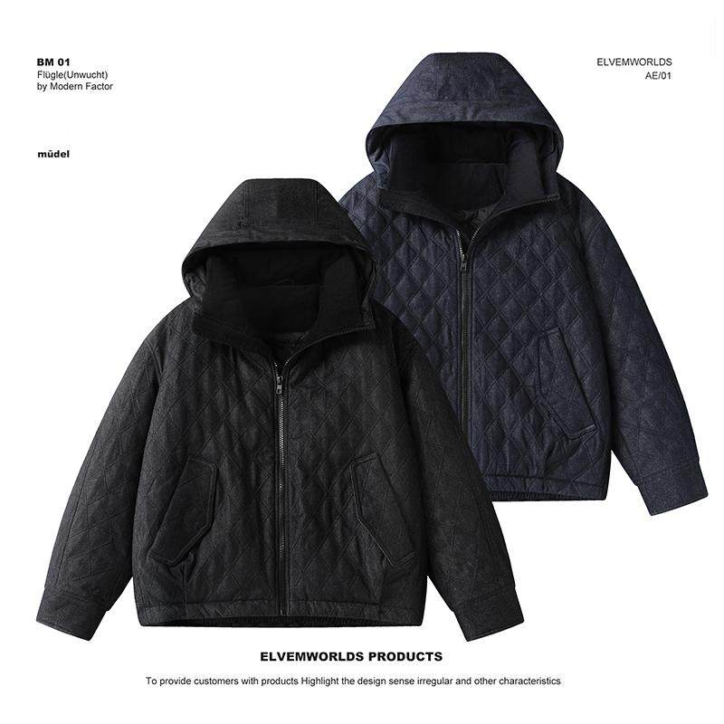 【90白鸭绒】冬季新款百搭宽松连帽老钱风色织丹宁羽绒服B1128