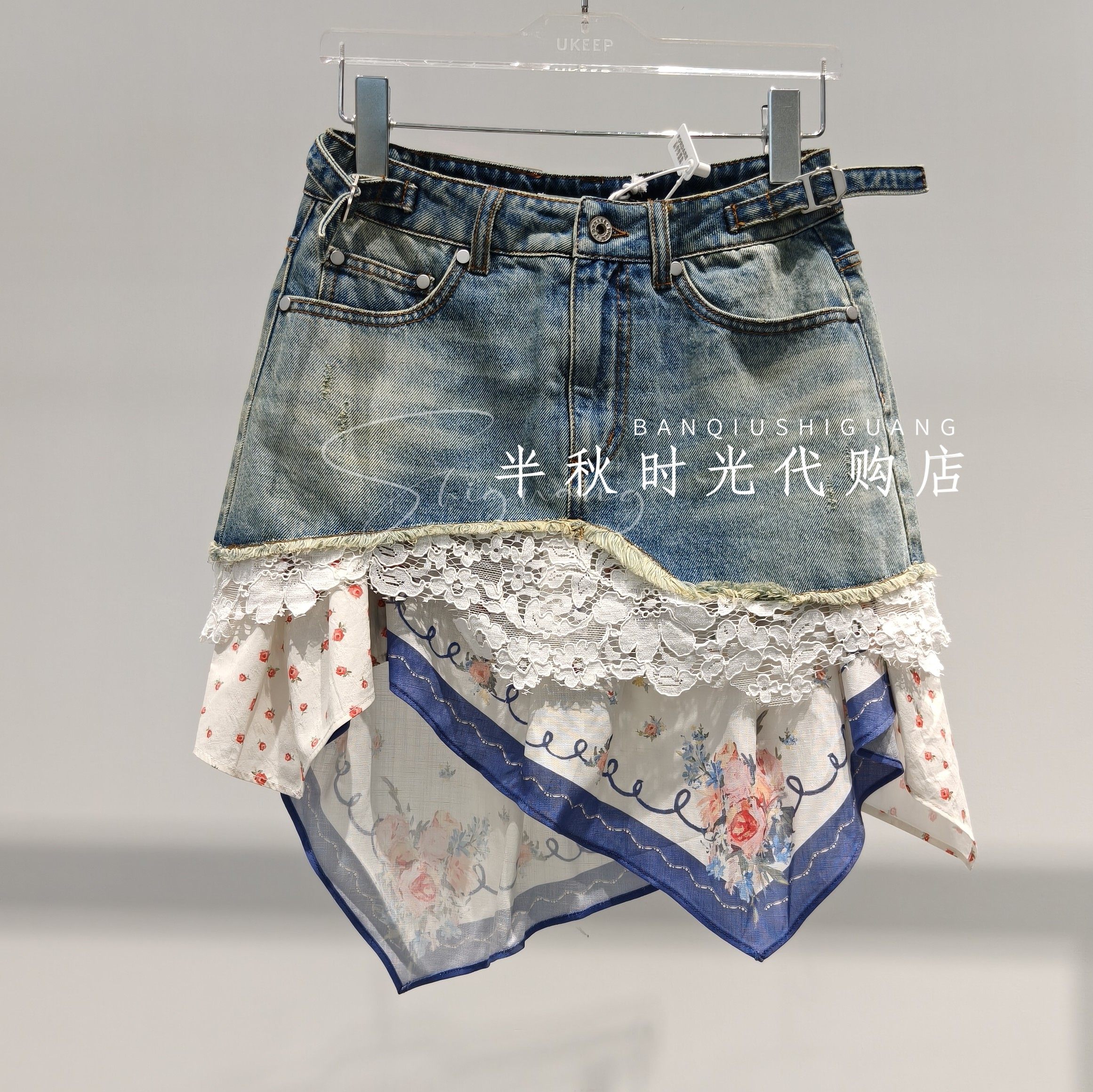 FORDARE福蝶 26夏牛仔拼接丝巾不规则下摆短裙女2620N15319原1599