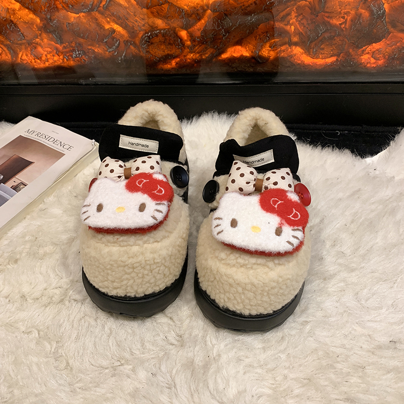 蝴蝶结大头猫咪加绒保暖懒人棉鞋